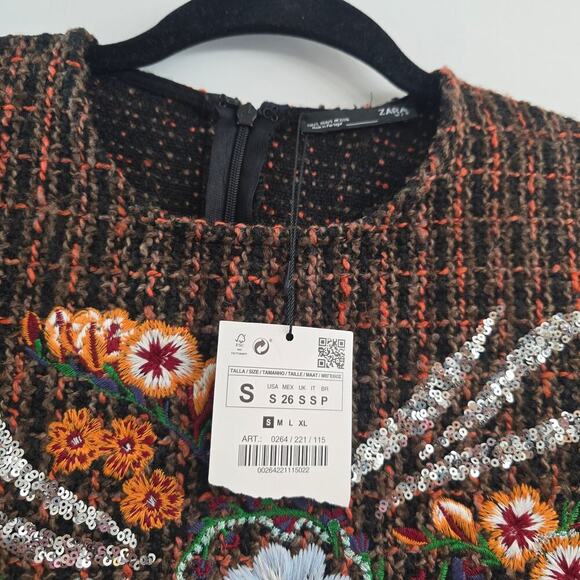 NWT Zara Women’s Tweed Mini Dress Embroidered Sequin Sz S Holiday Cocktail Party - Picture 9 of 11